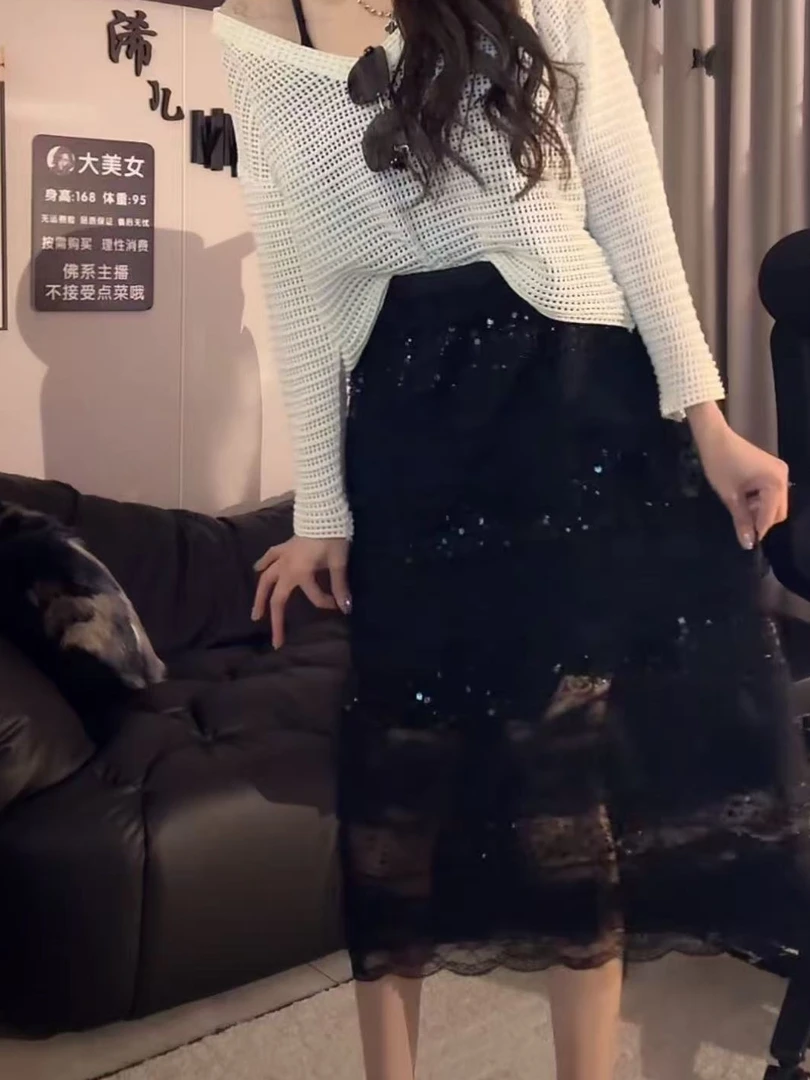 亮片拼接边蕾丝中长裙