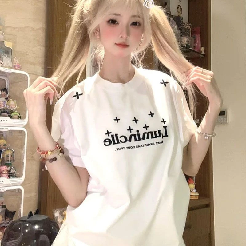 NASA ROAD夏季高街新款美式爆款字母刺绣短袖女T恤宽松情侣上衣服