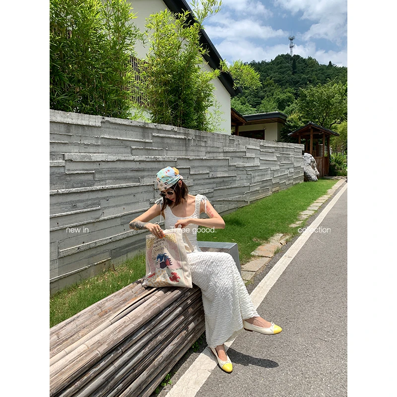 THREE GOOOD/三吉抽绳可调节短袖背心针织白月光连衣裙Y725Q07836