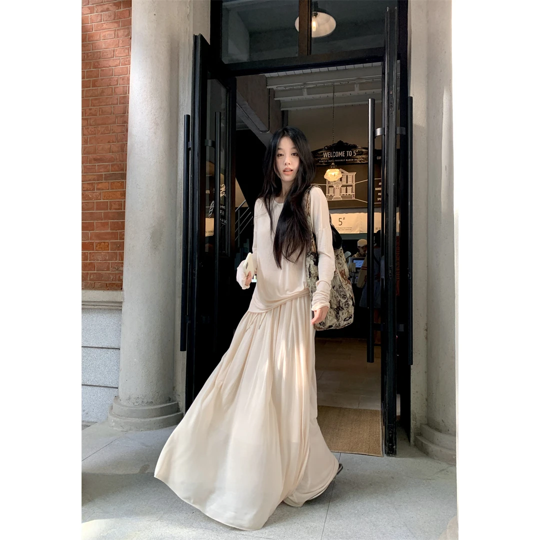~秋季 赵露思同款 淑女露肩长袖T恤上衣高腰半身裙两件套装