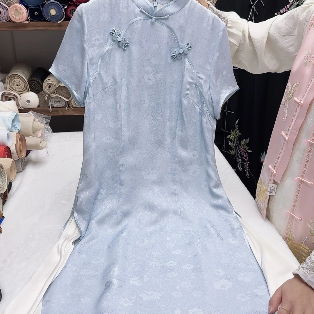 米罗真丝奥黛裙雾霾蓝