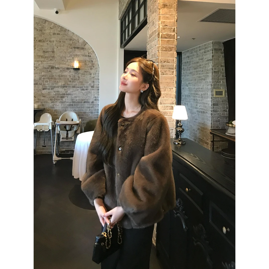 人造皮草 秋冬中古风仿水貂短款环保貂皮大衣保暖毛毛皮草外套女