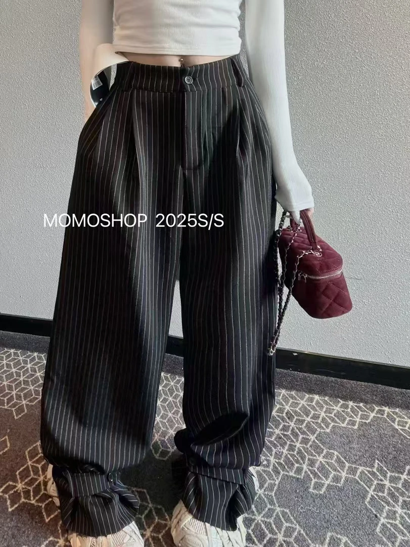 2025早秋新款韩版休闲百搭高腰宽松压褶垂感直筒拖地阔腿裤潮