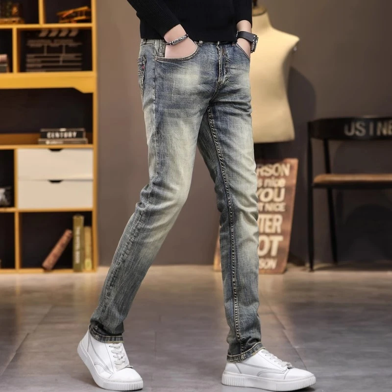 复古牛仔裤男秋季新款重磅工艺潮牌修身小脚直筒弹力韩版潮流长裤
