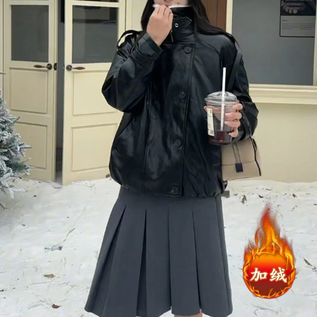 拉夏贝尔加绒加厚短款外套女2025年冬季新款宽松显瘦拼接PU皮夹克