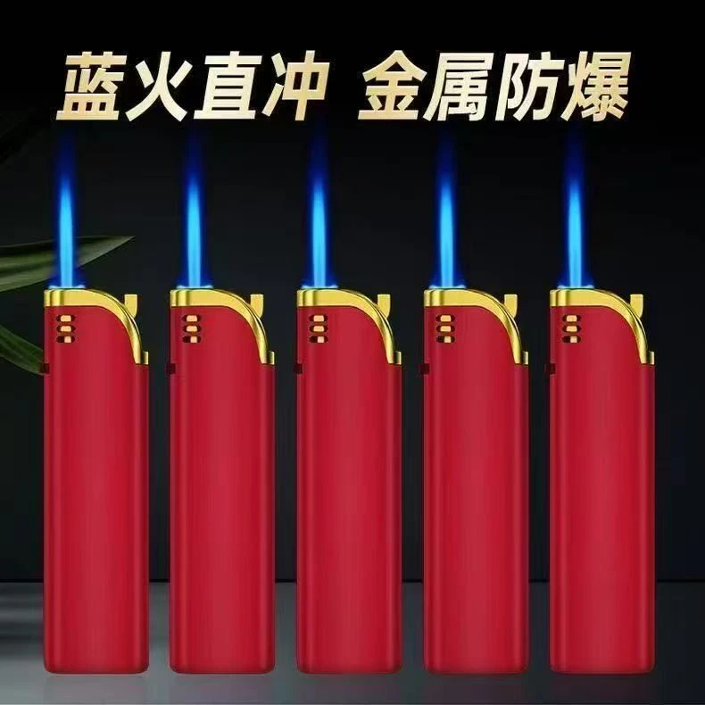 新款金属铁壳红色硅胶直冲蓝焰防风打火机耐用2025充气批发定制机商品图