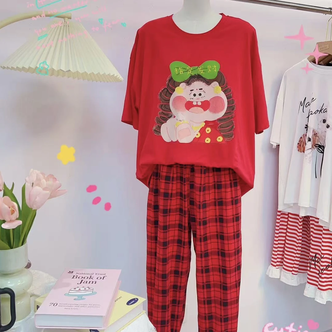 红色睡衣女套装短袖收口裤新年家居服薄款棉质弹力韩版卡通圆领