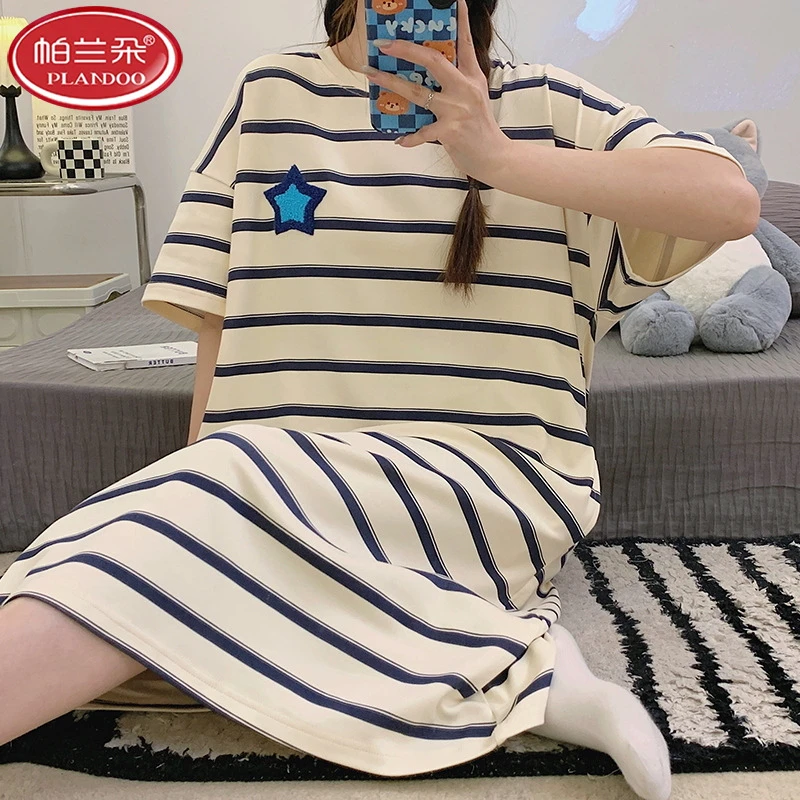 帕兰朵卡通睡衣女款7A抗菌防螨100%纯棉短袖睡裙女夏季大码宽松可