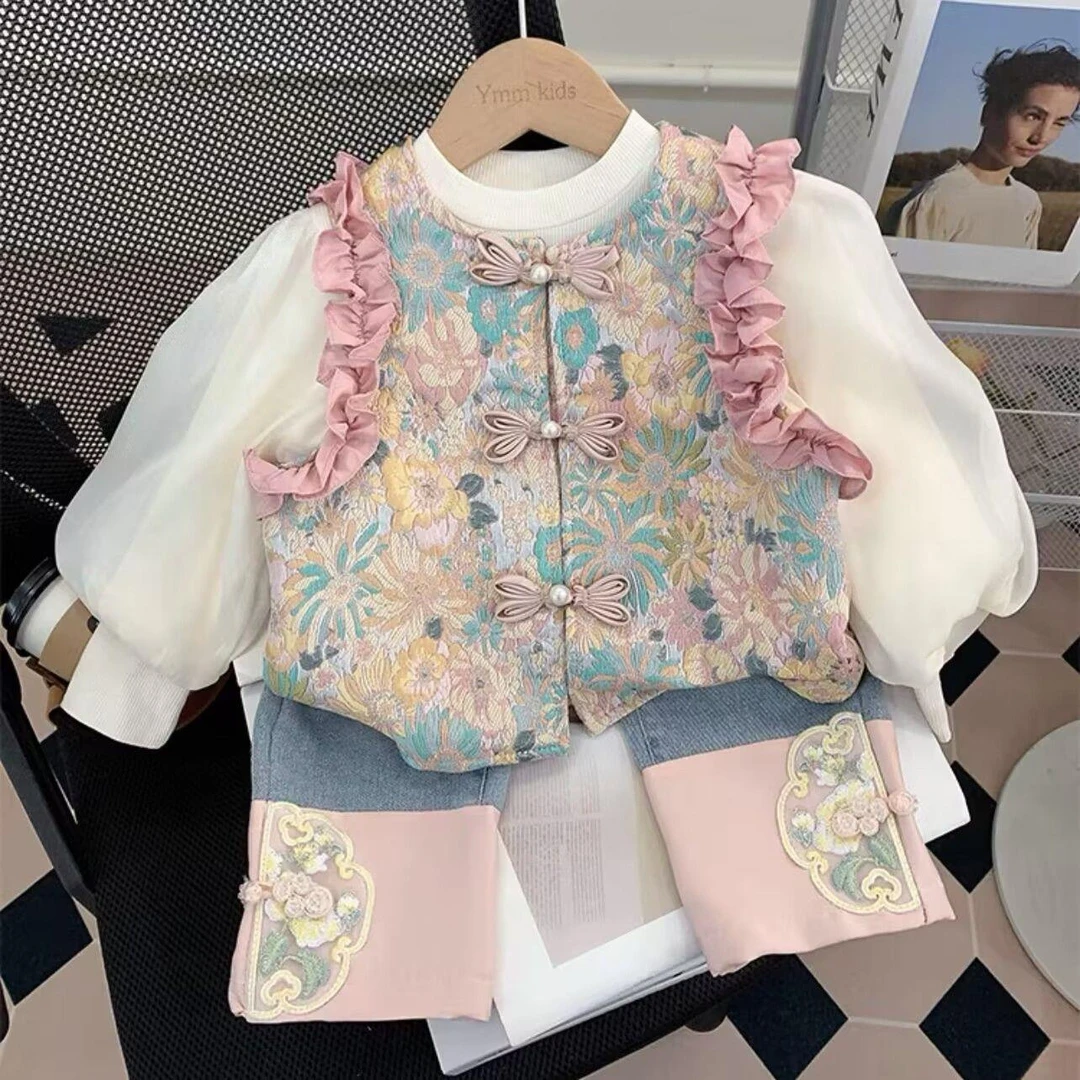 女小童国风套装2025新款女宝宝新中式春装马甲三件套唐装春秋衣服