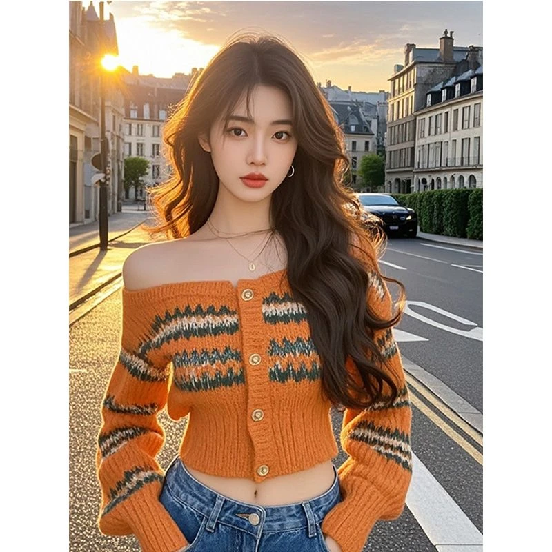 秋冬法式覆古花纹针织打底开衫女毛衣设计感甜辣妹短款一字肩上衣