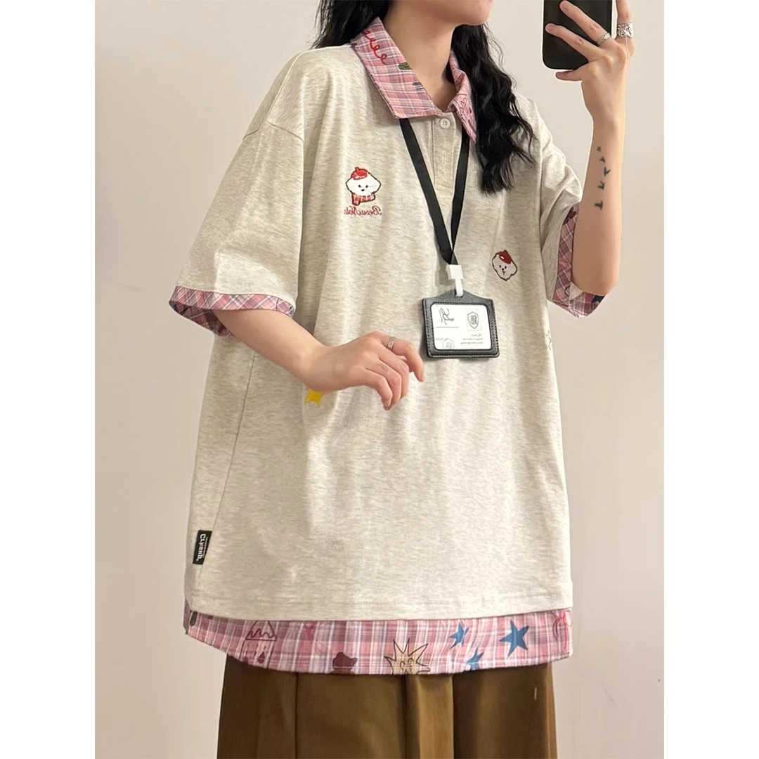 超大码2-300斤学院风格子POLO衫夏季男女撞色小狗刺绣慵懒短袖T恤