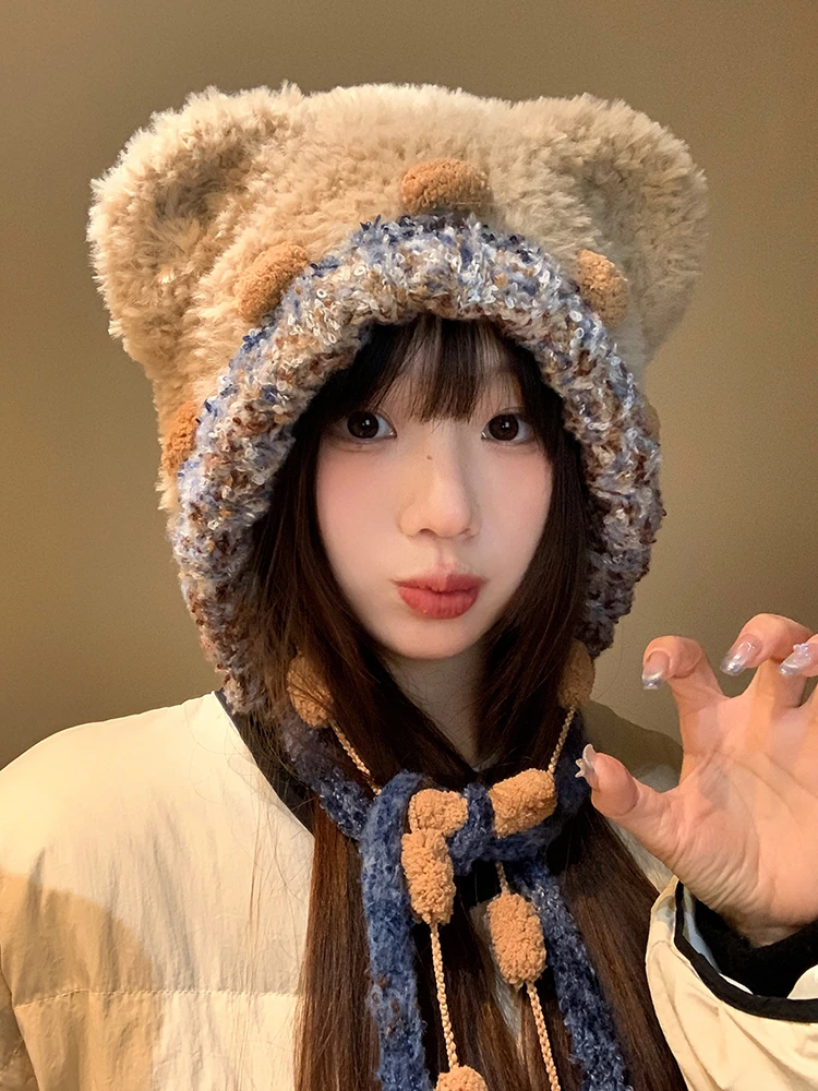 可爱小熊耳朵毛绒帽子女秋冬季日系百搭加厚保暖护耳雷锋帽显脸小