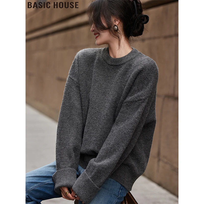 Basic House/百家好灰色圆领长袖针织衫慵懒风软糯毛衣女2025秋冬