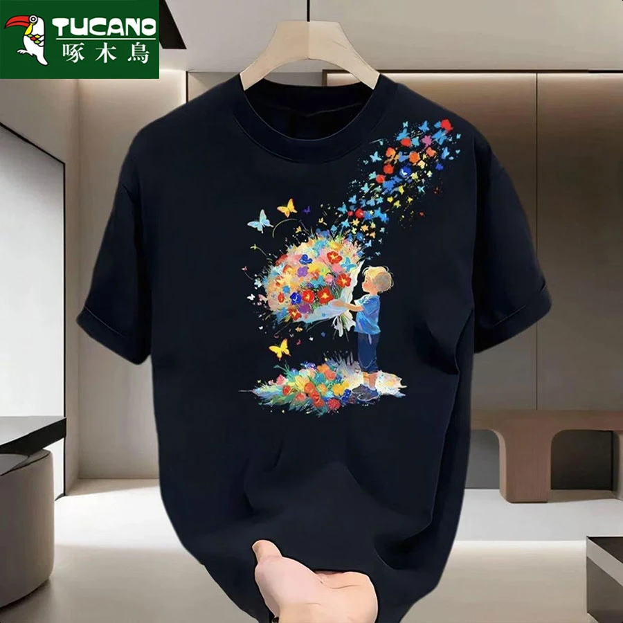 啄木鸟夏季日常休闲半袖百搭纯棉T恤圆领免烫网红潮流ins印花短袖