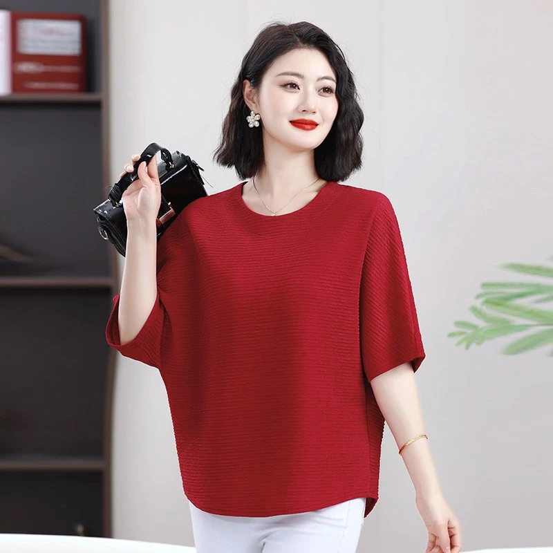 妈妈装冰丝针织蝙蝠衫T恤女2025春夏薄款夏季加肥加大码洋气上衣
