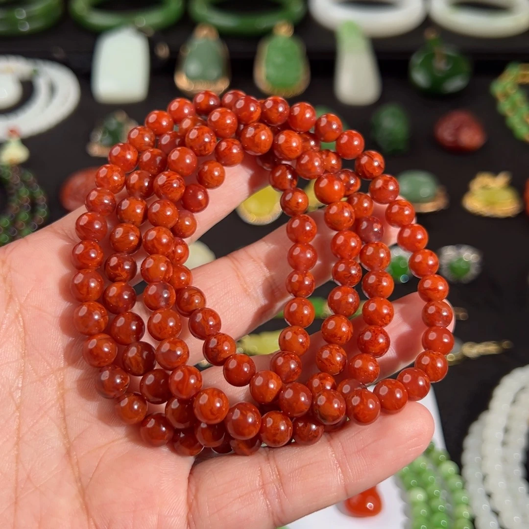 南红玛瑙未镶嵌颈饰原矿无注胶南红火焰纹7mm珠串