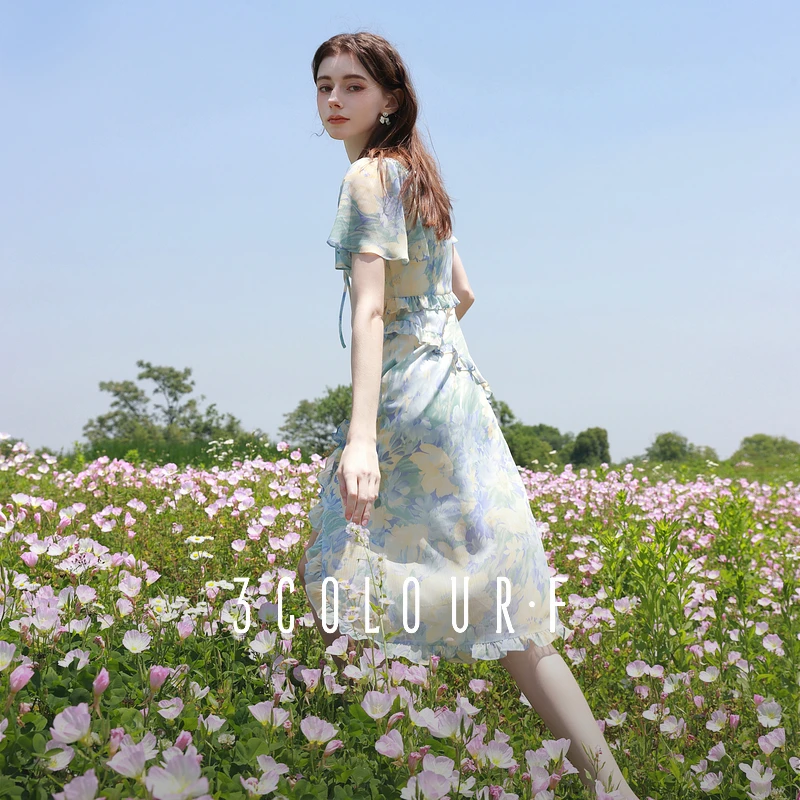 【三彩仙女裙】独醒2025夏季新款荷叶边雪纺裙碎花连衣裙长裙女F
