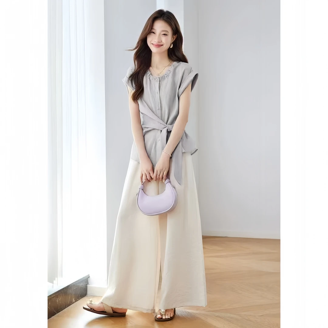 小清新套装女2025夏季新款独特绝美夏天小俏皮衬衫阔腿裤子两件套