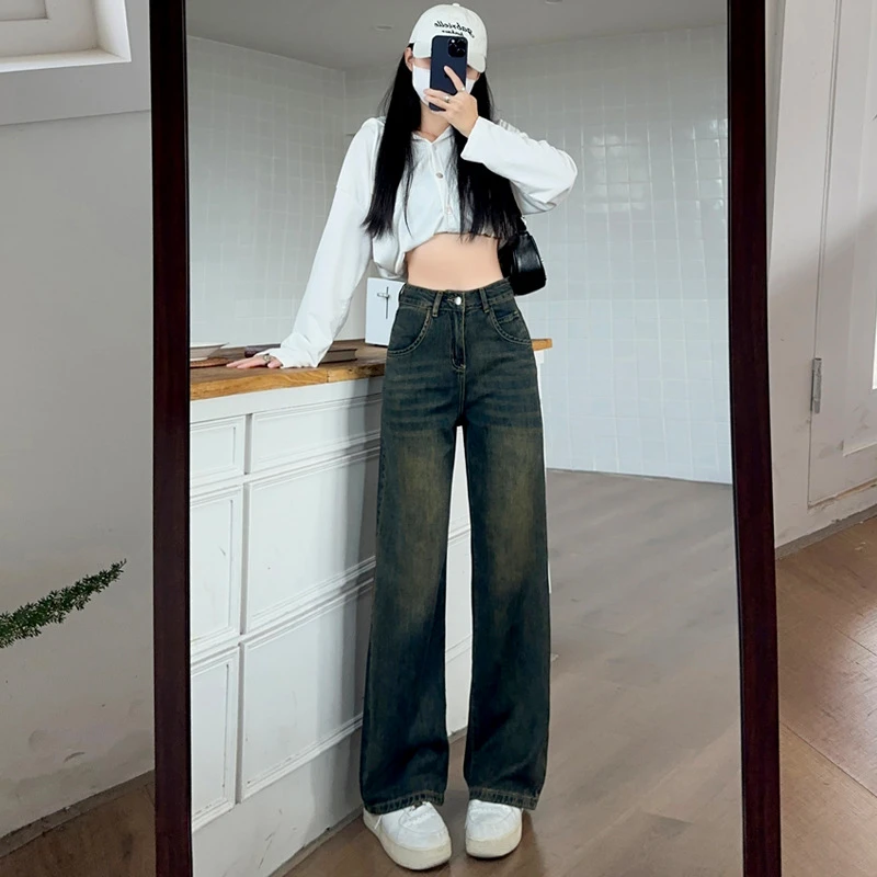 2025美式做旧显瘦牛仔裤女直筒宽松显瘦百搭阔腿裤拖地裤女长裤加