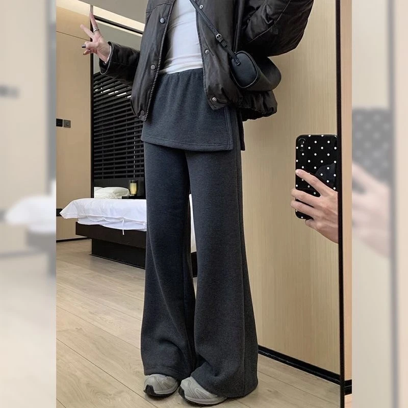 秋冬加绒韩国东大门假两件屁帘微喇叭裤女2025梨形身材显瘦休闲裤