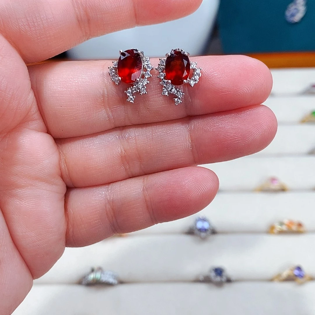石榴石（芬达石）耳饰银S925镶嵌