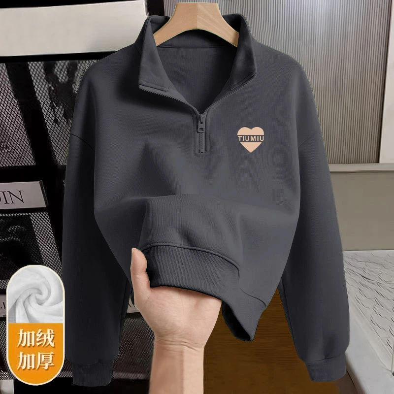 半拉链华棉宽松减龄长袖短款上衣女简约印花小众秋冬新款套头卫衣