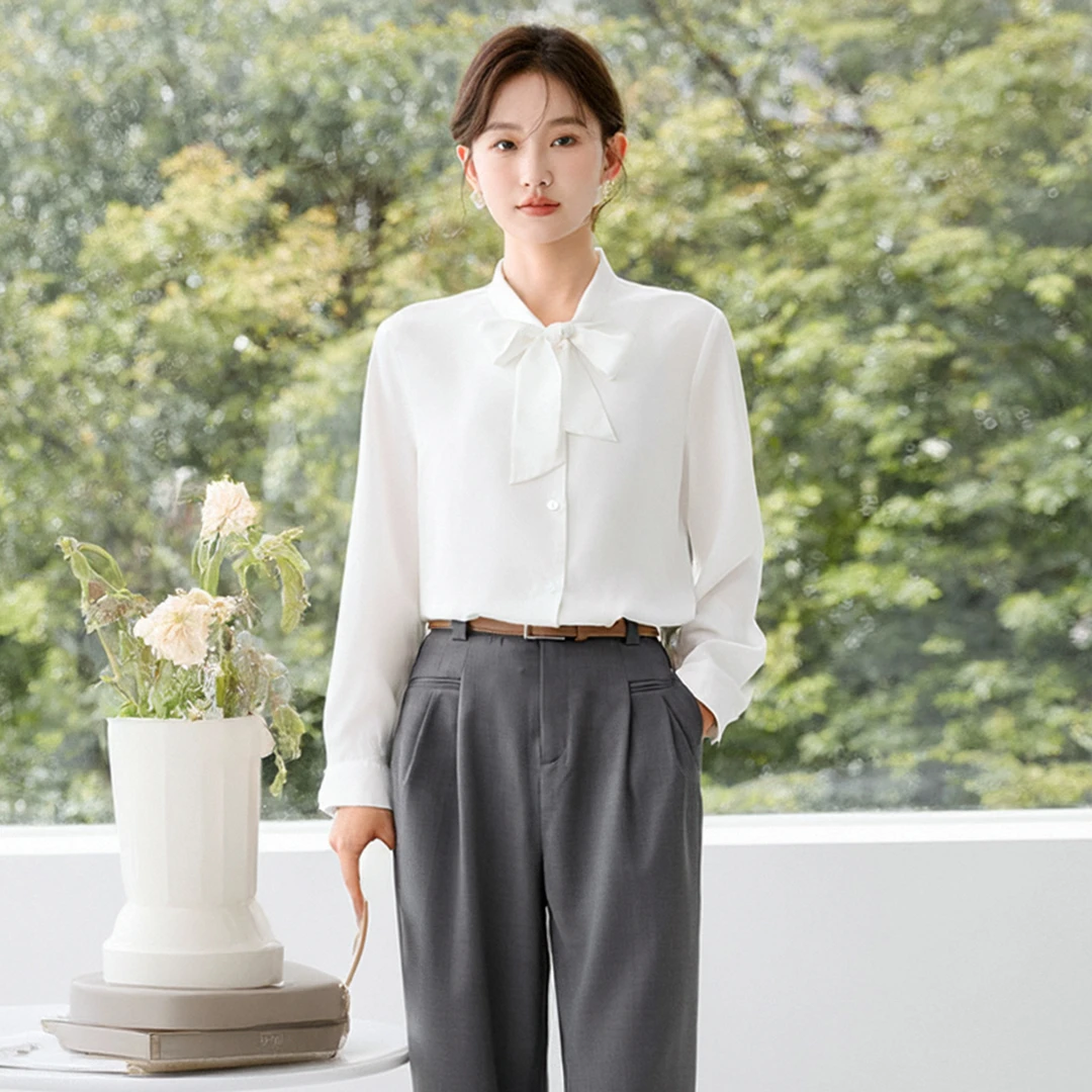 【艾w】通勤简约洋气纯色蝴蝶结衬衫2025秋季新款七号铺撤柜女装