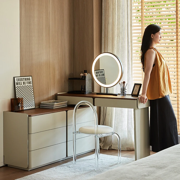 黛丽款梳妆台收纳柜斗柜一体中古侘寂风实木胡桃木床尾伸缩化妆桌