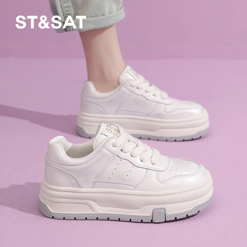 星期六真皮厚底小白鞋2025春季新款真皮板鞋休闲女鞋增高运动鞋子