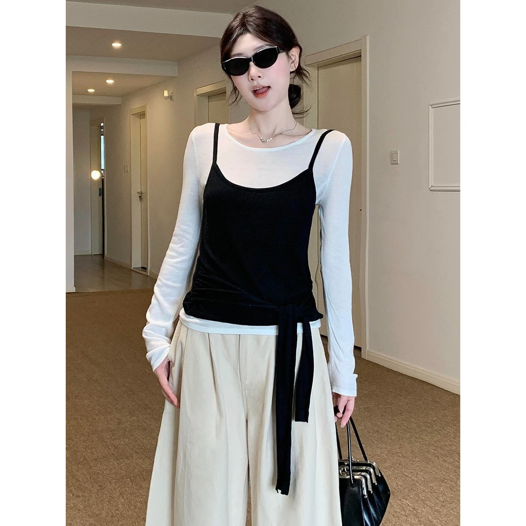 巨喜欢这件！黑白长袖早秋辣妹修身显瘦绑带打底薄款两件套上衣女