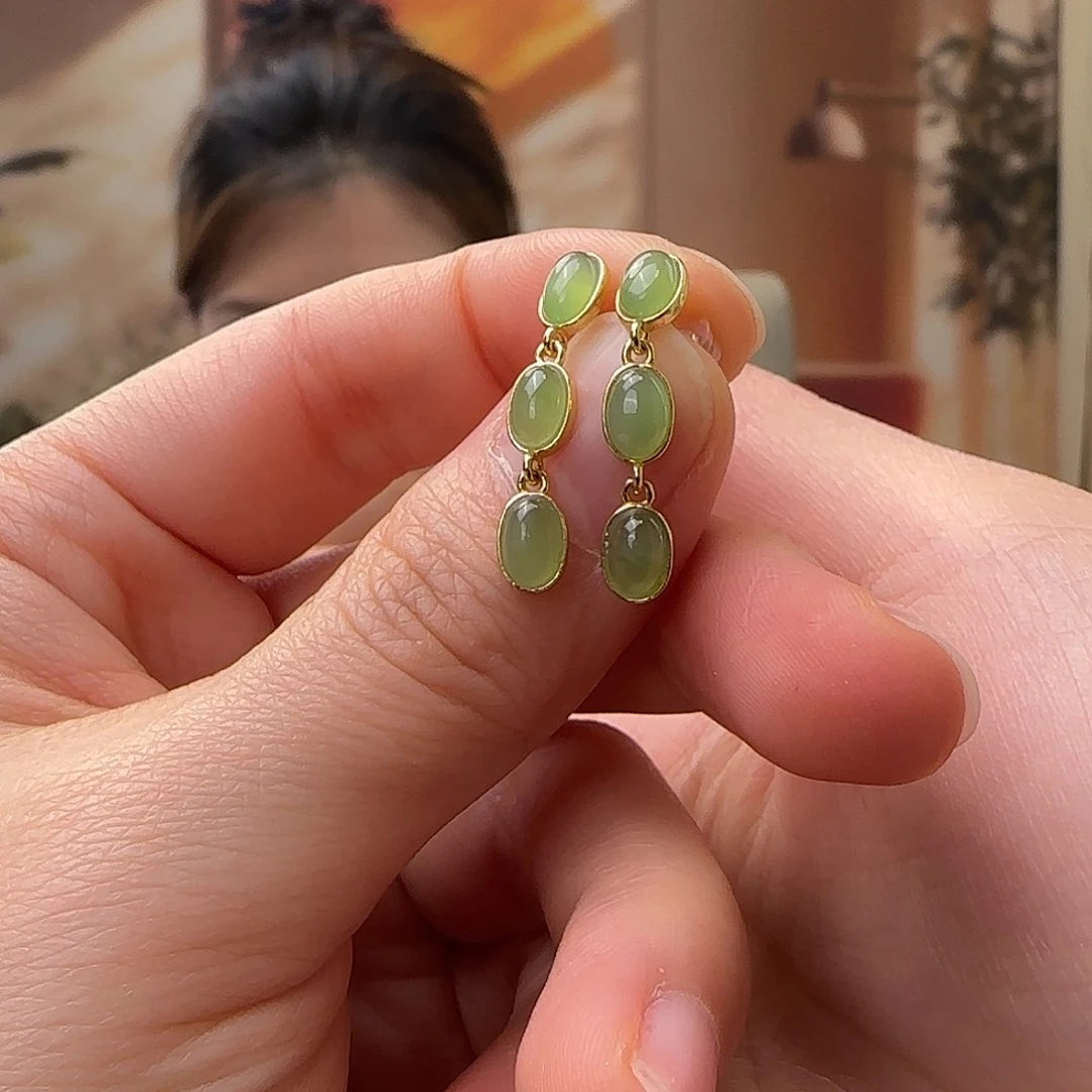 和田玉银S925镀金镶嵌耳饰