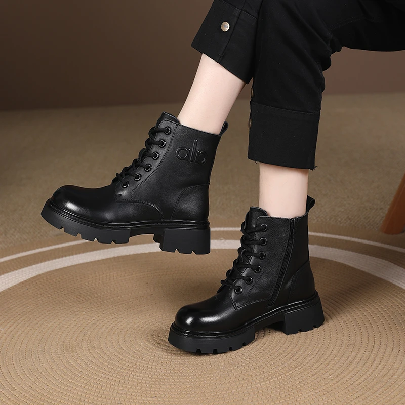 【头层牛皮】厚底加绒复古百搭马丁靴软底防滑短靴女2025冬季新款