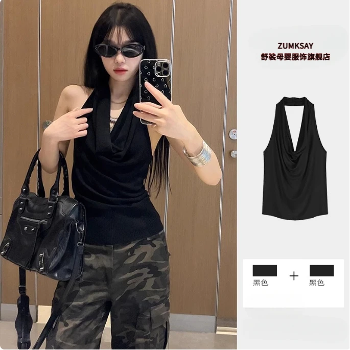 辣妹性感荡领挂脖露肩无袖上衣女夏季纯欲风修身露背镂空吊带背心