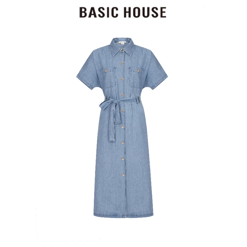 Basic House/百家好CSM夏季法式高腰系带短袖翻领牛仔连衣裙优雅