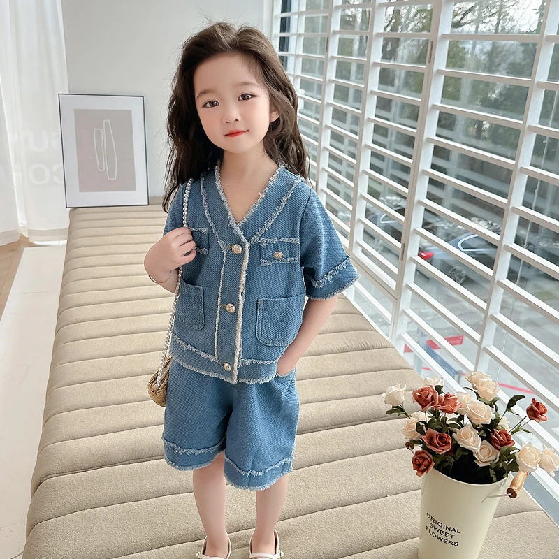 女童小香风夏季牛仔短袖套装2025新款女孩夏装洋气时髦短裤童装潮