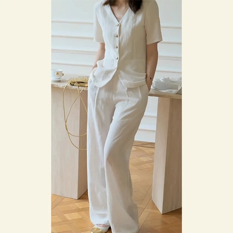 夏季2025盐系轻熟气质套装女高级感白色棉麻休闲衬衫直筒裤两件套