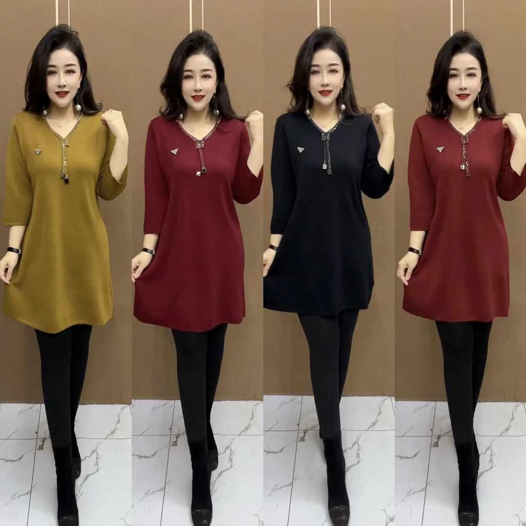 秋冬高端时尚洋气V领针织大版衫宽松妈妈装弹力中长款打底毛衣裙