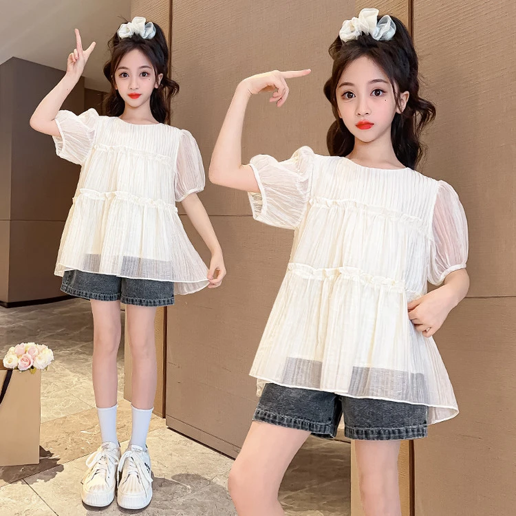 女大童短裤夏季牛仔裤子女童拼接套装洋气女孩童装中大童时尚韩版