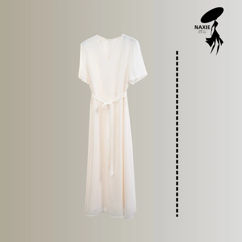 纳写新款夏季轻奢时尚微收腰连衣裙柔软透气复古垂感长裙女装女