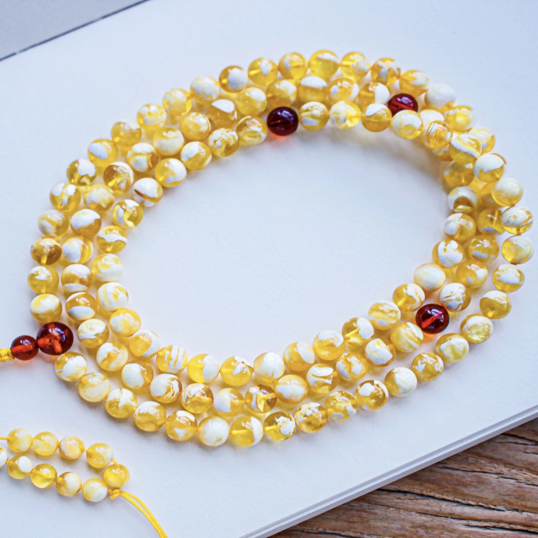 7mm俄料精品金瓷白妖花圆珠蜜蜡佛珠链23.5克 甄选 手串 性价比高