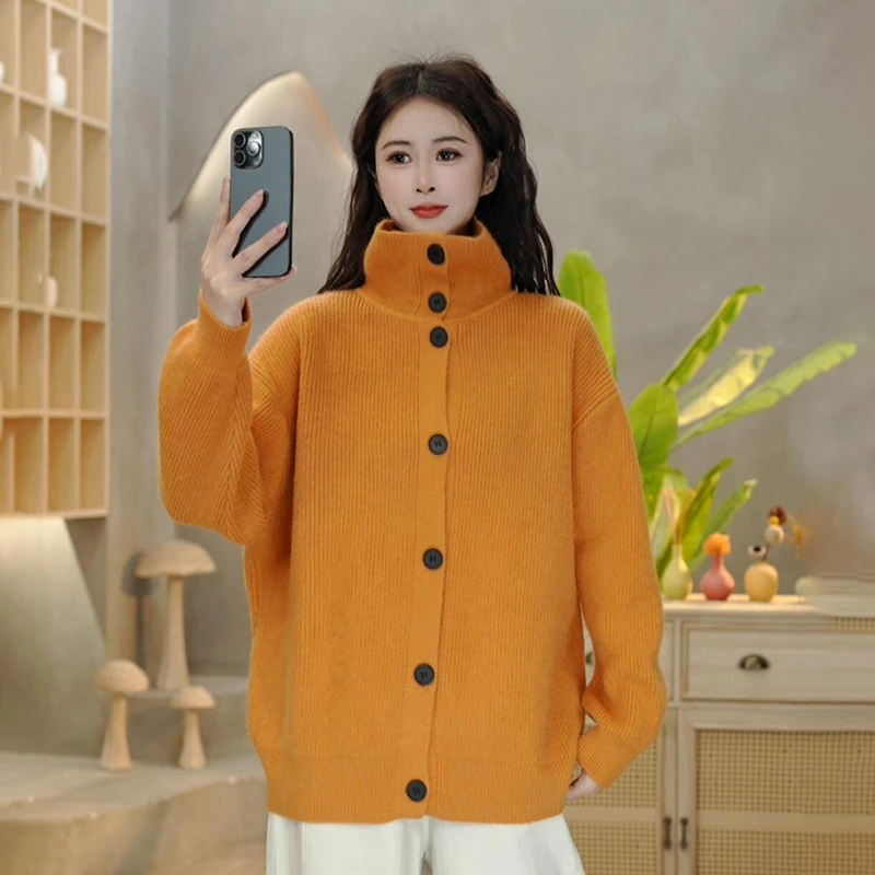 5103 冬季新款纯色毛衣高领翻领针织衫时尚百搭显瘦开衫外套上衣