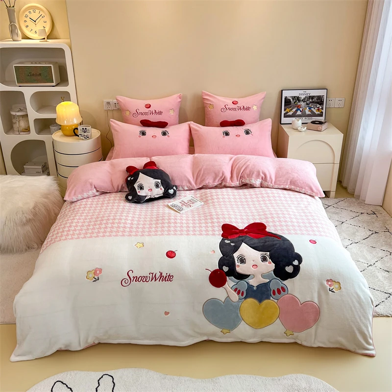 卡通贴布绣可爱双面绒加绒加厚儿童牛奶绒绣花亲子四件套秋冬床品