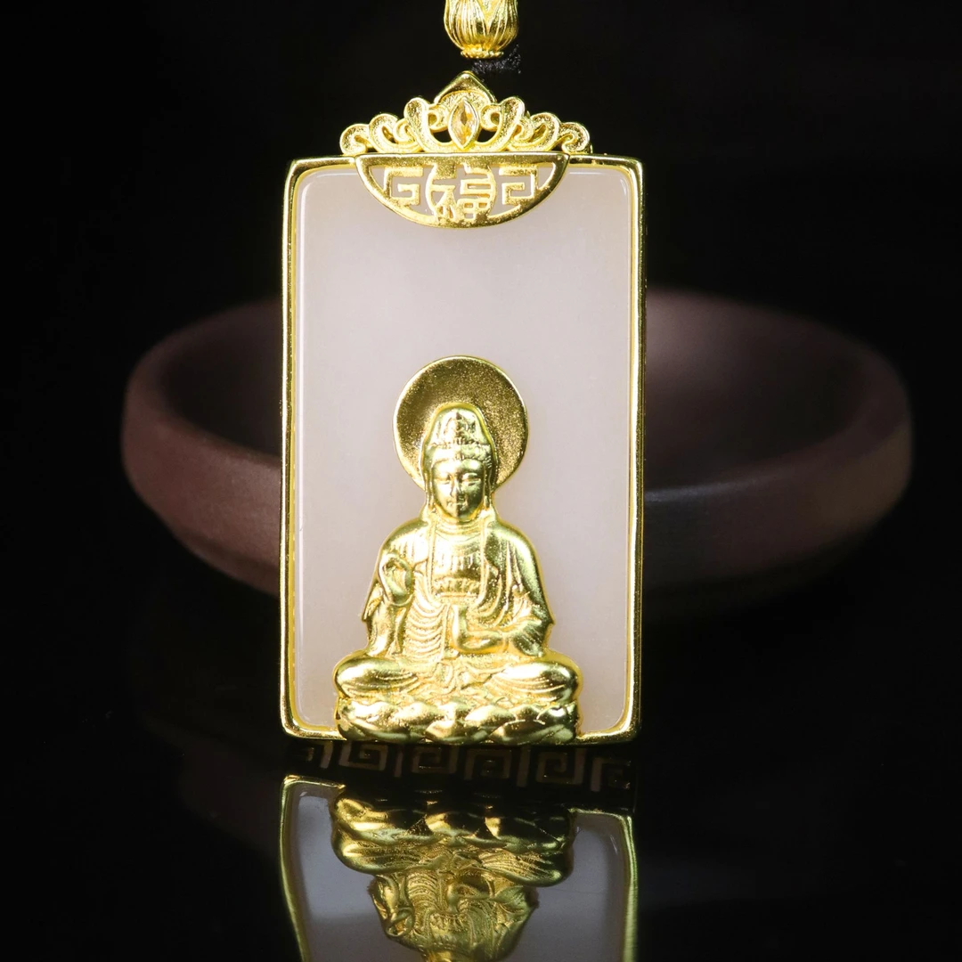 天然新疆玉石观音玉吊坠金丝玉挂件无事牌玉石真品直播间玉年货