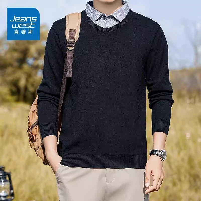Jeanswest/真维斯秋冬新款假两件毛衣男士宽松百搭潮流慵懒针织衫