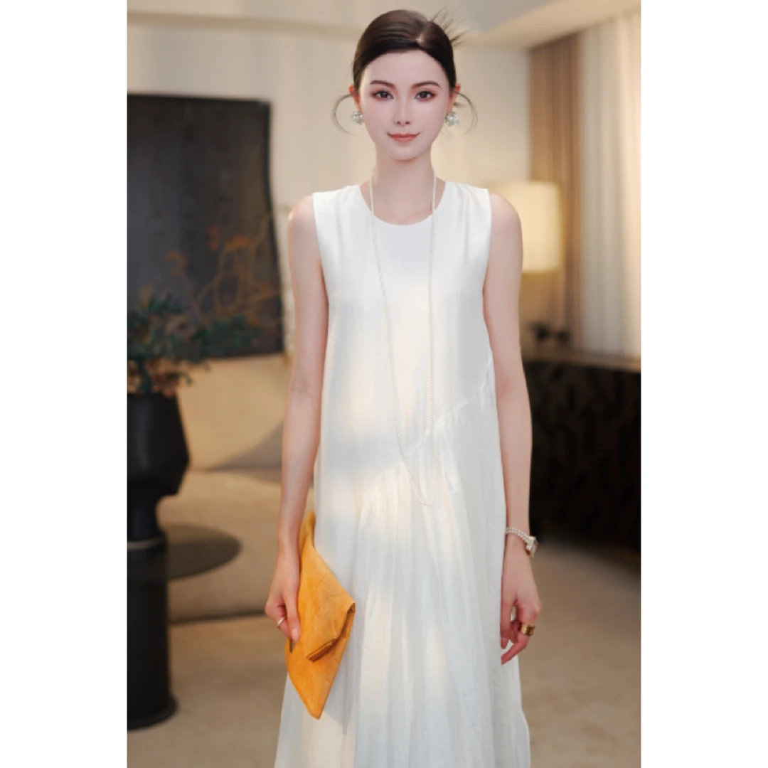 红人街头欧若风穿搭简约设计宽松斜接剪裁拼接无袖圆领长裙yn376