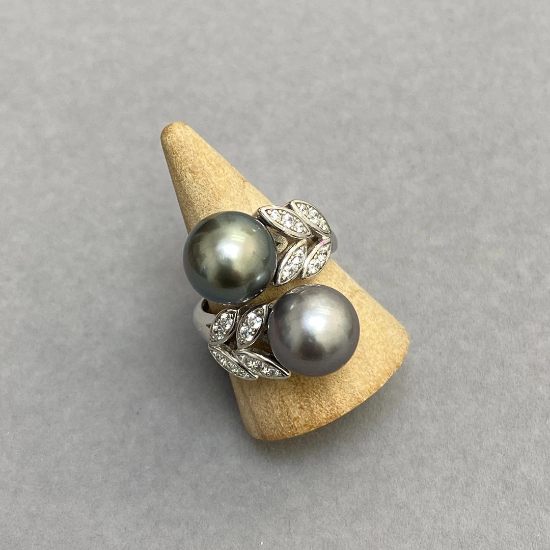 梁大大珠宝 海水大溪地黑珍珠s925银戒指 双珠时尚款