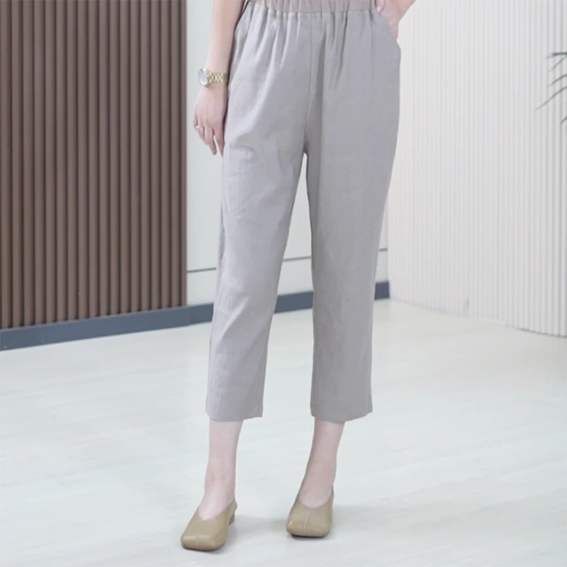 宽松大码显瘦净版纯色松紧腰弹力苎麻休闲裤子女简约时尚小脚裤潮