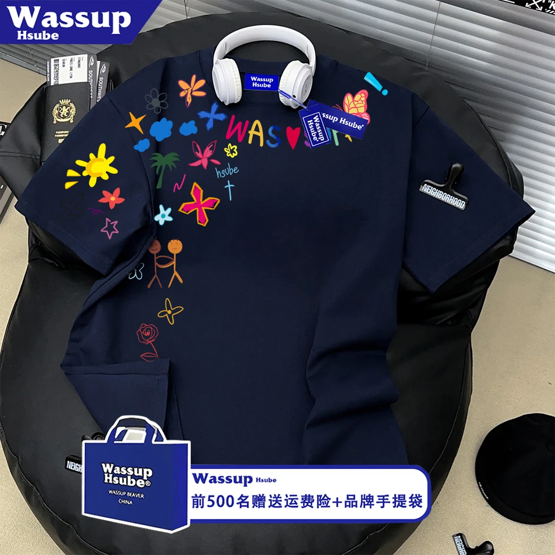 WASSUP HSUBE100%纯棉趣味花卉短袖T恤男女学院风百搭宽松上衣服