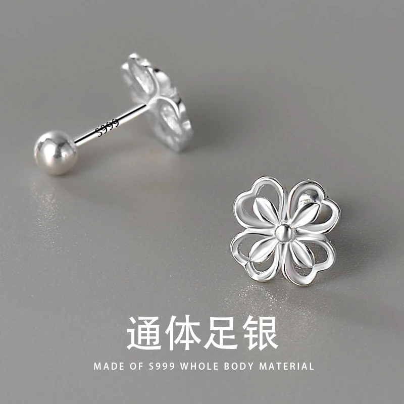 足银耳饰 999纯银花朵耳钉女时尚甜美百搭款养耳洞螺丝款足银耳饰