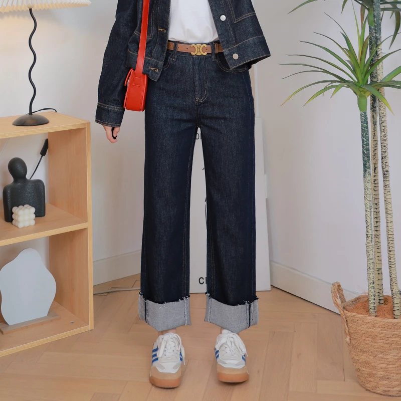 断码清仓【翻边牛仔裤】150小个子高腰不掉色直筒牛仔裤24秋季新